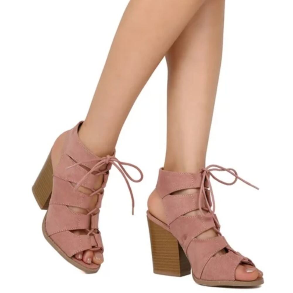 Charlotte Russe Pink Suede Ankle Boots Stacked Heel Lace Up Size 7.5
